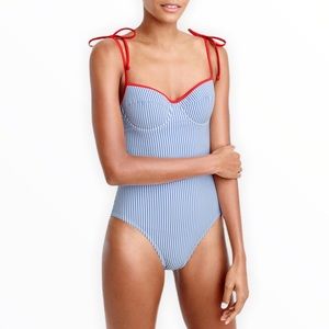 J Crew Tipped Seersucker Underwire Contrast Shoulder Tie One Piece Swimsuit NWT